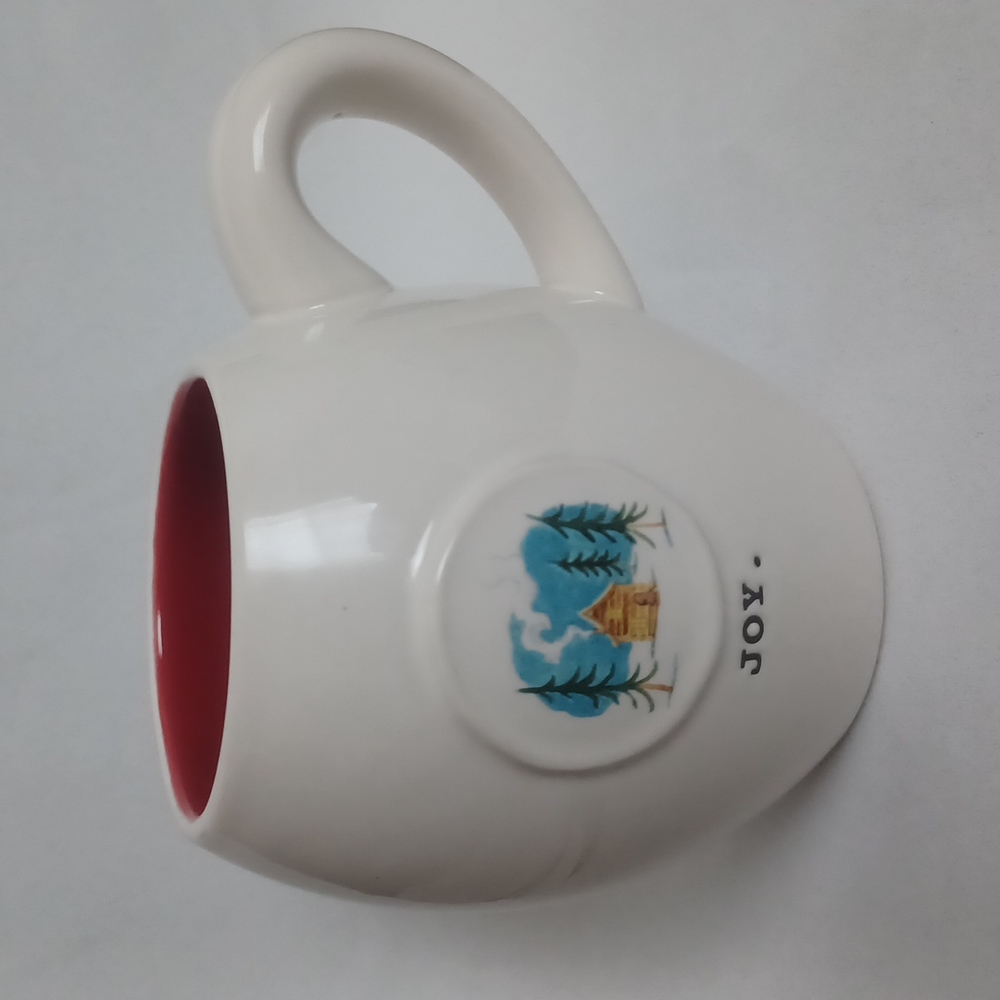 Rae Dunn Joy Holiday Ceramic Mug Cozy Log Cabin winter forest scene Red Interior